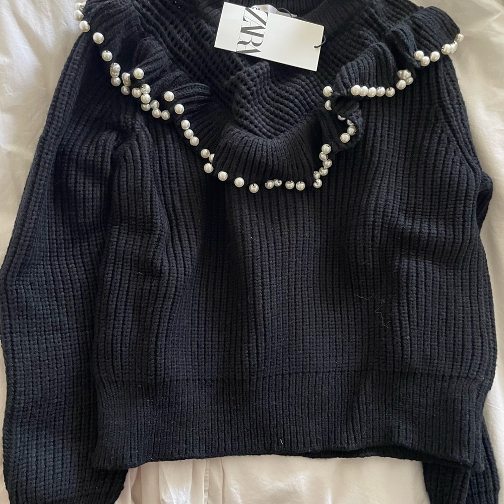 Zara Black Sweater with Pearl Detailing
